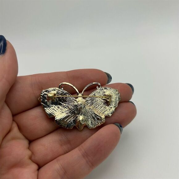 Small Dainty Blue Butterfly Brooch with Green & Pink Rhinestones Whimsical - Picture 8 of 11